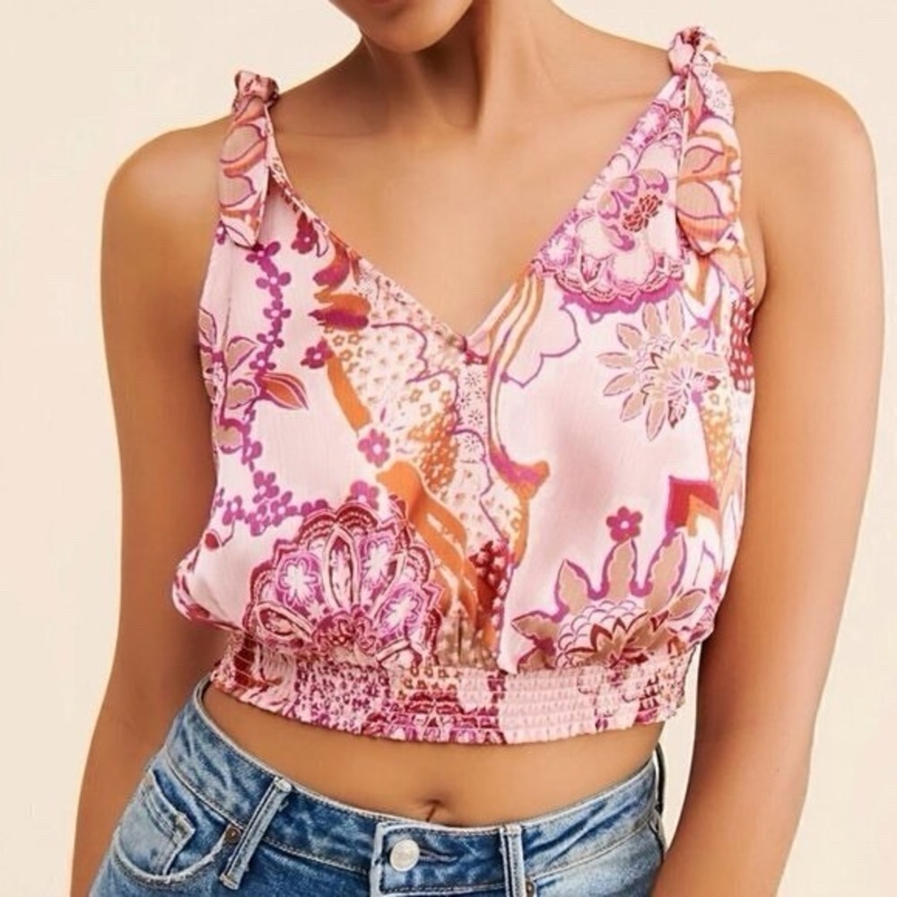 NWT Free People Weekend In Montauk Smocked Crop Top Large- Blush Combo Pink